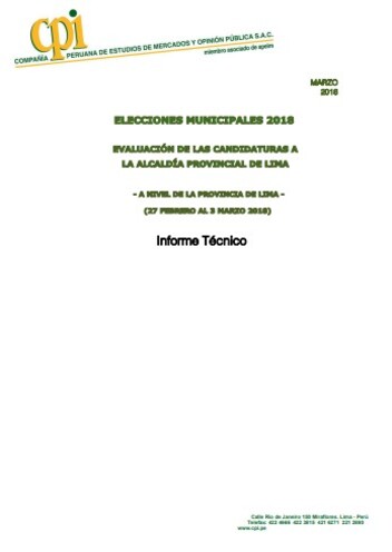 JNE: Elecciones Municipales 2018 – Evaluación De Las Candidaturas A La Alcaldía Provincial De Lima (27 De Febrero Al 3 De Marzo De 2018)