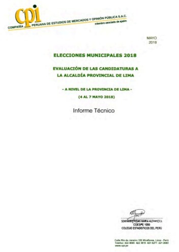 JNE: Elecciones Municipales 2018: Evaluación De Las Candidaturas A La Alcaldia Provincial De Lima (4 Al 7 De Mayo De 2018)