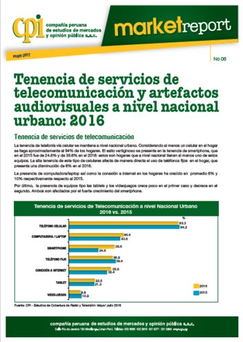 Tenencia De Servicios De Telecomunicación y Artefactos Audiovisuales A Nivel Nacional Urbano: 2016