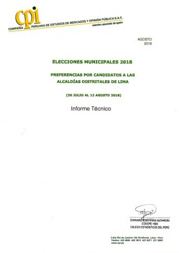 JNE: Elecciones Municipales 2018: Preferencias Por Candidatos A Las Alcaldias Distritales De Lima (20 De Julio Al 12 De Agosto 2018)