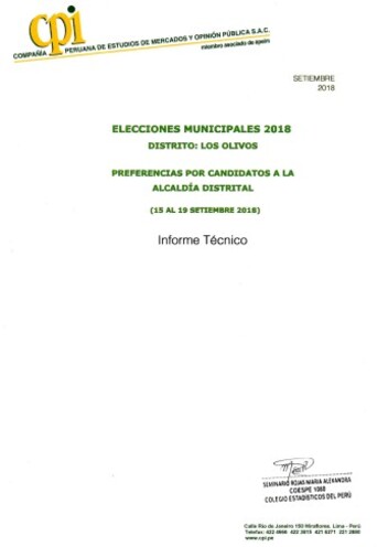 JNE: Elecciones Municipales 2018: Preferencias Por Candidatos A La Alcaldía Del Distrito De Los Olivos (15 Al 19 De Setiembre 2018)