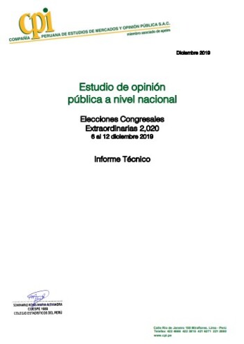 JNE: Estudio De Opinión Pública A Nivel Nacional – Elecciones Congresales 2020 (6 Al 12 De Diciembre 2019)