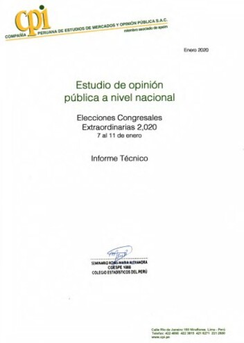 JNE: Estudio De Opinión Pública A Nivel Nacional Elecciones Congresales 2020 – 7 Al 11 De Enero – Informe Técnico