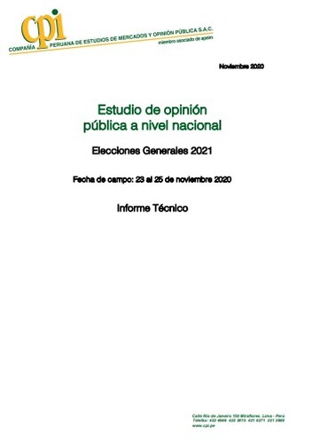 JNE: Estudio De Opinión Pública A Nivel Nacional: Elecciones Generales 2021- 23 Al 25 De Noviembre 2020 – Informe Técnico.