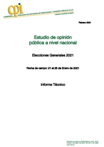 JNE: Estudio De Opinión Pública A Nivel Nacional: Elecciones Generales 2021- 21 Al 25 De Enero 2021 – Informe Técnico.