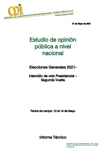 JNE: Estudio De Opinión Pública A Nivel Nacional: Elecciones Generales 2021 -12 Al 14 De Mayo 2021 – Informe Técnico.