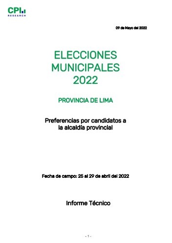 JNE: Elecciones Municipales 2022 – Intención Provincia De Lima- 25 Al 29 De Abril- Informe Técnico