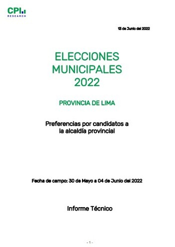 JNE: Elecciones Municipales 2022 – Intención De Voto Provincia De Lima- 30/05 Al 04/06- Informe