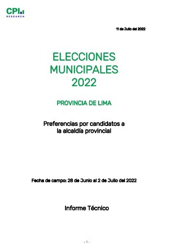JNE: Elecciones Municipales 2022 – Intención De Voto Provincia De Lima- 28/06 Al 2/07- Informe