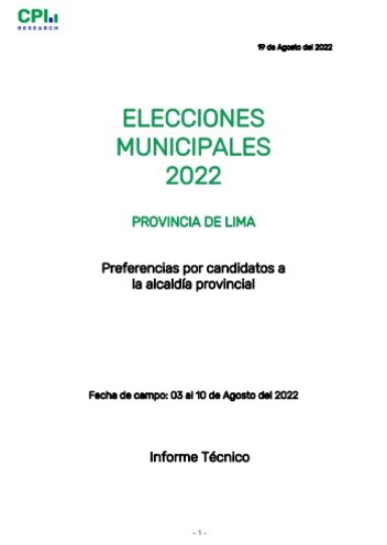 JNE: Elecciones Municipales 2022 – Intención De Voto Provincia De Lima- 03/08 Al 10/08- Informe Técnico
