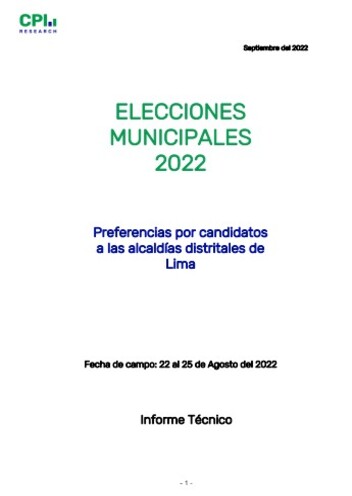 JNE: Informe Técnico- Elecciones Municipales 2022 – Intención De Voto Alcaldías Distritales -provincia Lima- 22/08 Al 25/08
