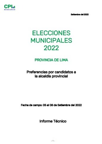 JNE: Informe Técnico- Elecciones Municipales 2022 – Intención De Voto Provincial Lima- 05/09 Al 08/09