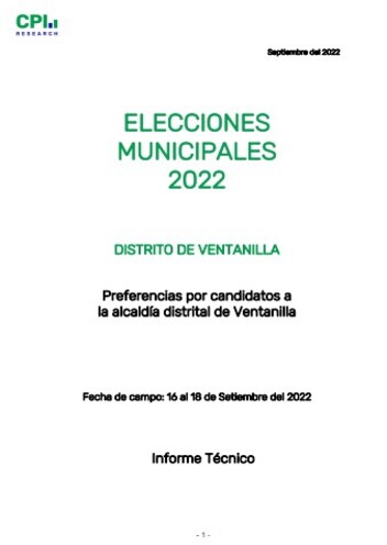 JNE: Informe Técnico- Elecciones Municipales 2022 – 16 Al 18 Sept Intención De Voto Distrito Ventanilla