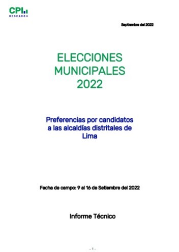 JNE: Informe Técnico- Elecciones Municipales 2022 – Intención De Voto Distritos De Lima- 9 Al 16 Setiembre 2022