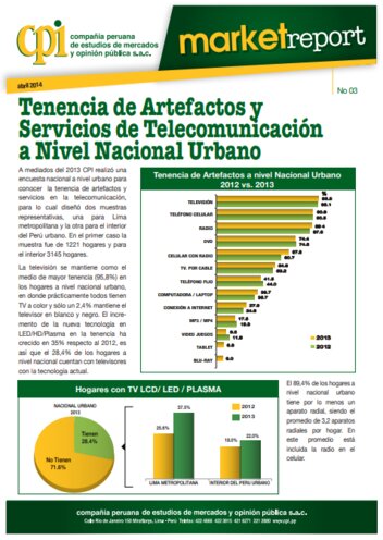 Tenencia De Artefactos Y Servicios De Telecomunicación A Nivel Nacional Urbano 2013
