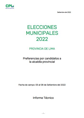 JNE: Informe Técnico- Elecciones Municipales 2022 – Intención De Voto Provincial Lima- 05/09 Al 08/09